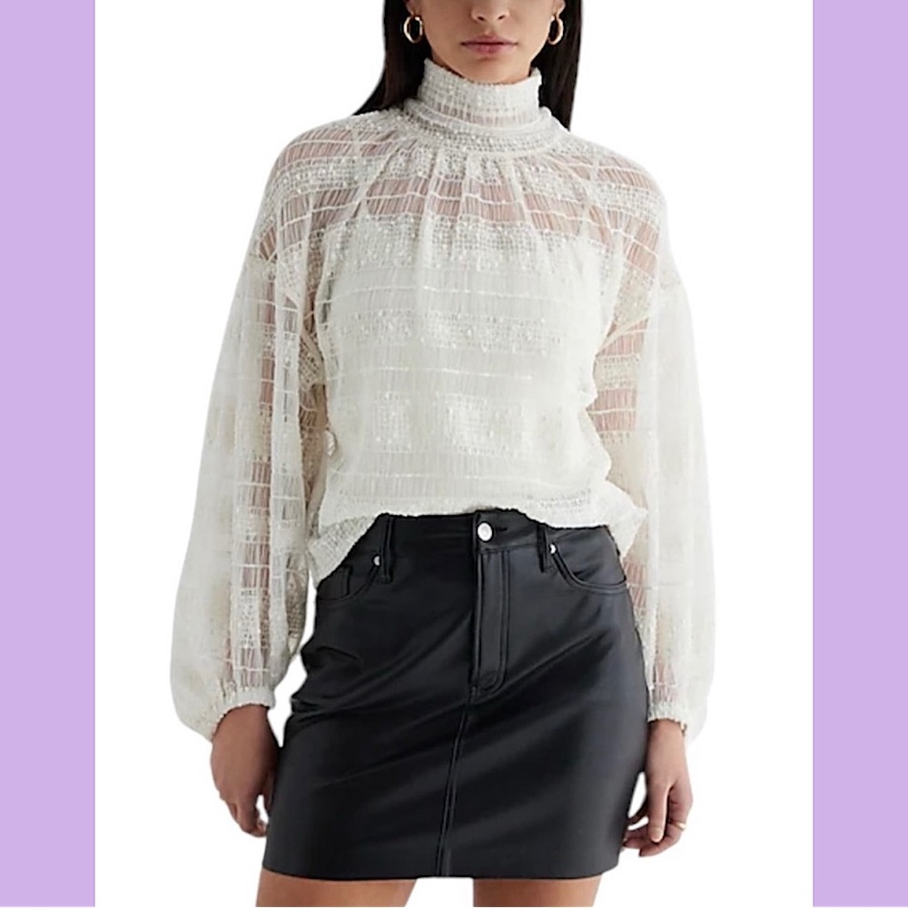NWT Express White Skimming Mesh Pleated Mock Neck Balloon Sleeve Top